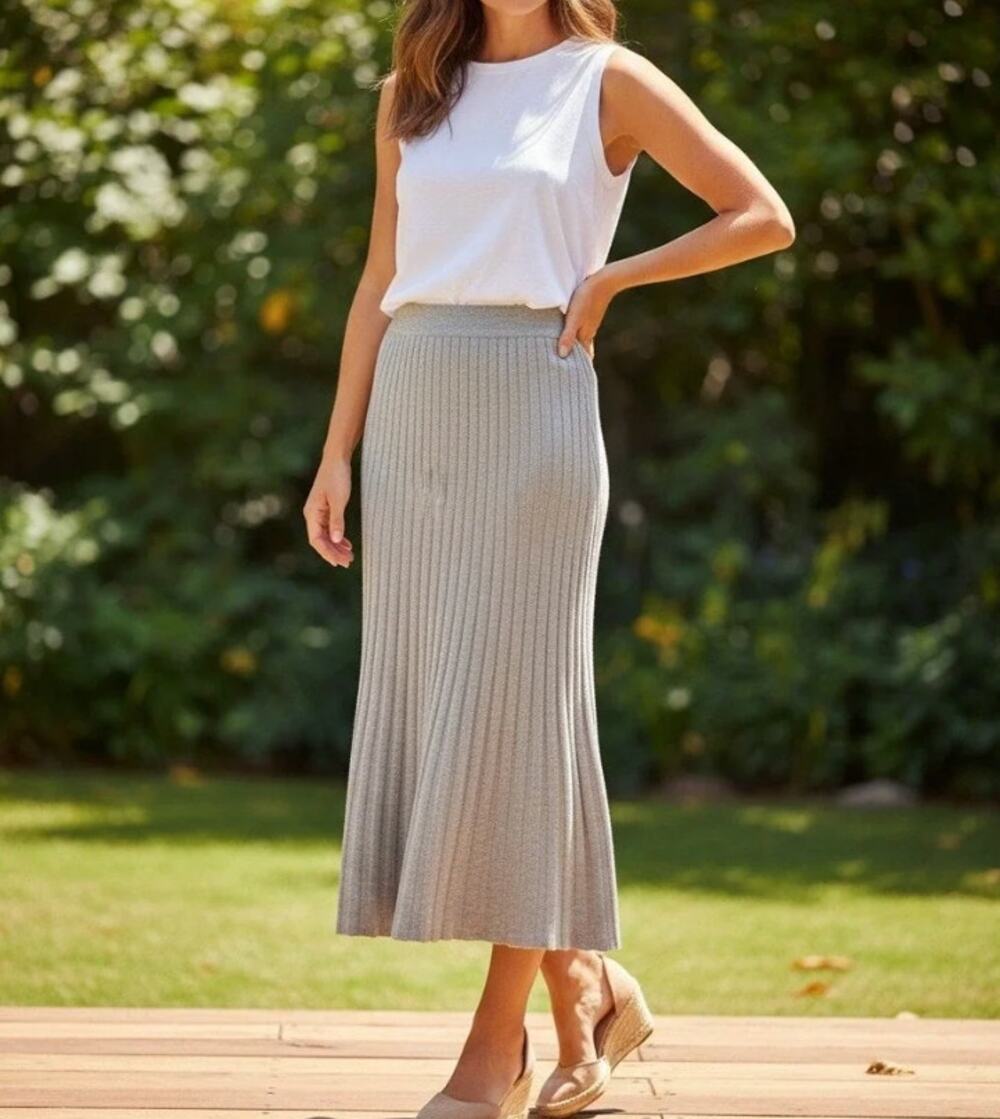 House of Harlow 1960 Women's Gray Ribbed Knit Midi Skirt Size M